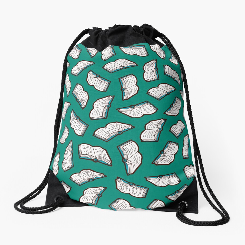 Bookish Reading Pattern in Jade Drawstring Bag