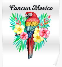 Cancun Mexico Beautiful Hand Drawn Tropical Parrot In Tropical Flowers /Foilage Poster