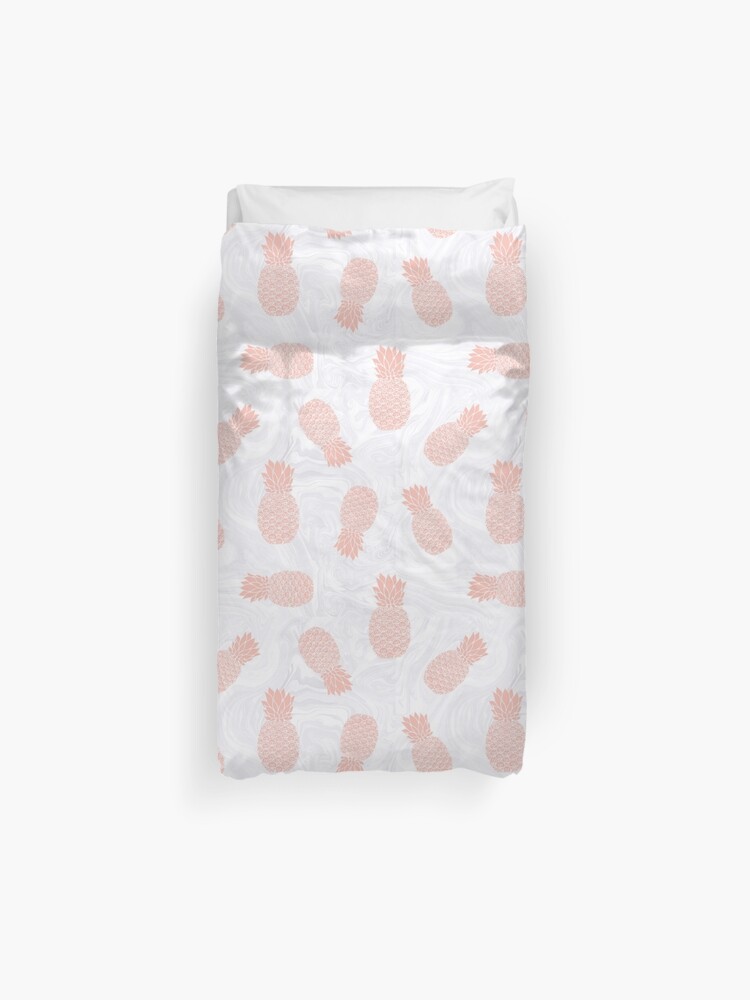 Rose Gold Pineapples On White Marble Duvet Cover By