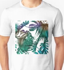 Tropical Flowers Jungle Print Banana Palm Leaves Hawaiian Monstera Leaf Green White Teal Turquoise Slim Fit T-Shirt