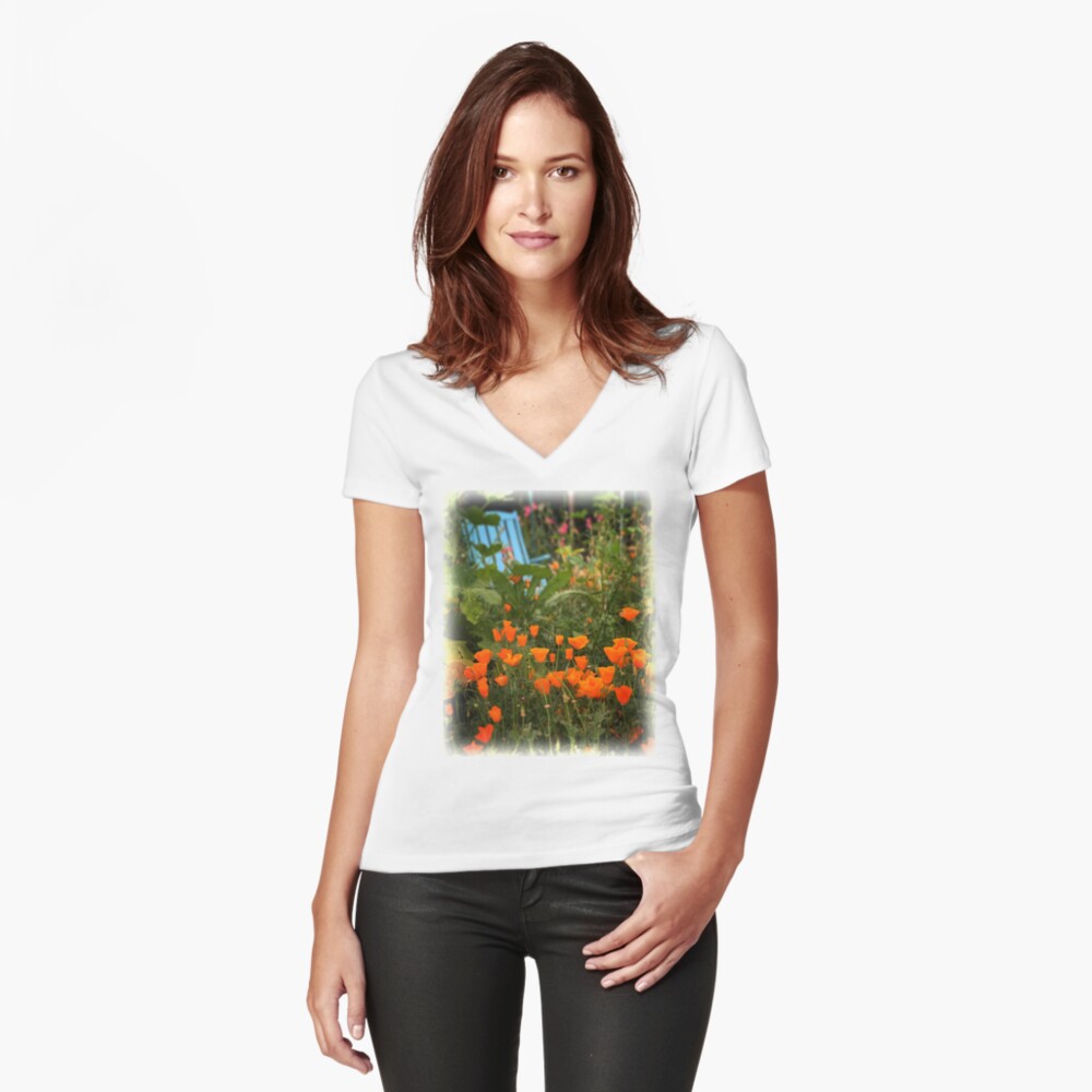 California Poppies In The Garden Fitted V-Neck T-Shirt