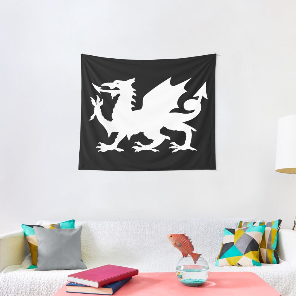 Welsh Dragon In White On Black Tapestry By Tomsredbubble Redbubble