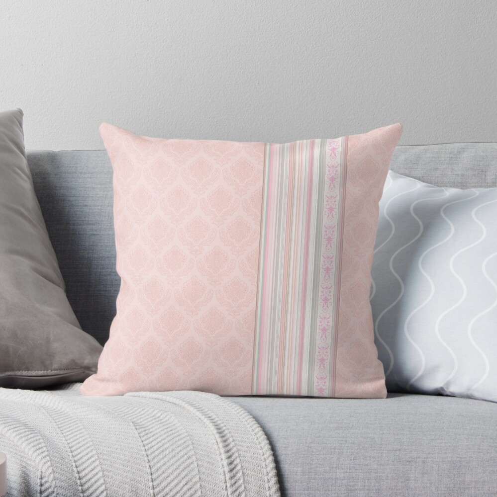 Faux Flock with Contrasting Stripes - Flesh Pink Throw Pillow