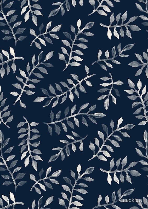 "White Leaves on Navy a hand painted pattern" by micklyn Redbubble