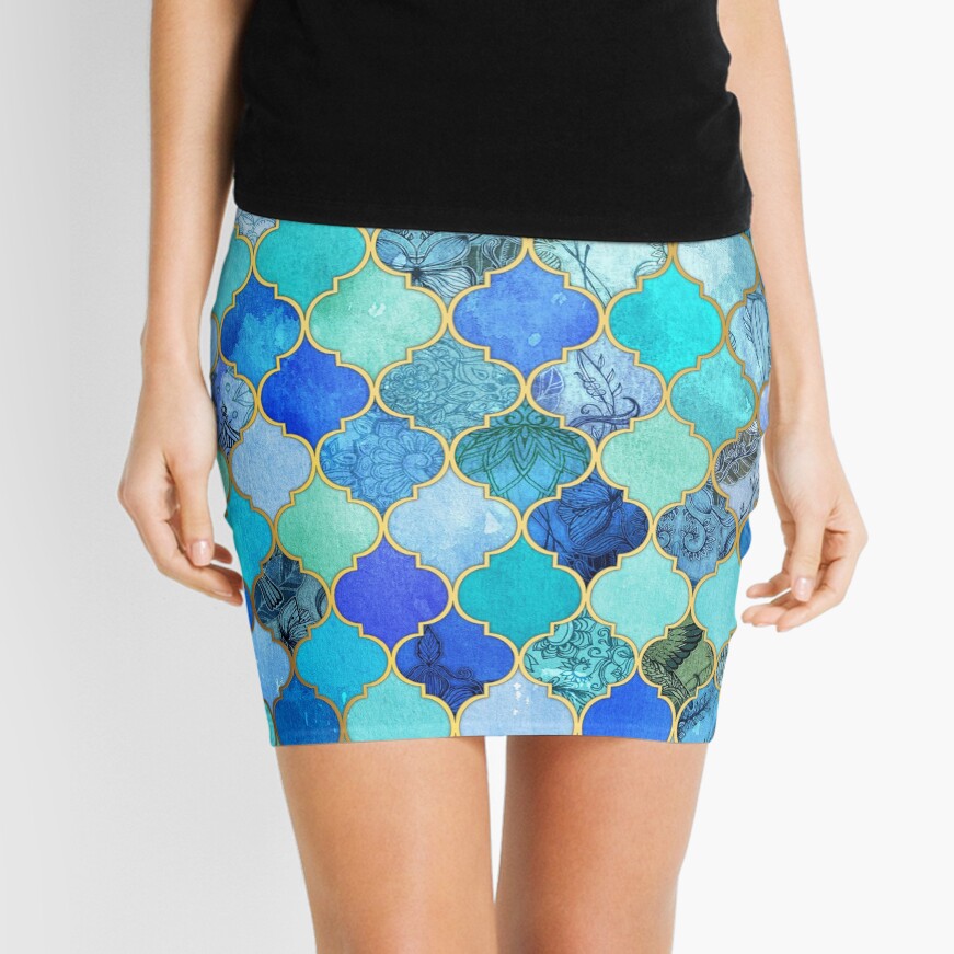 Cobalt Blue, Aqua & Gold Decorative Moroccan Tile Pattern Mini Skirt