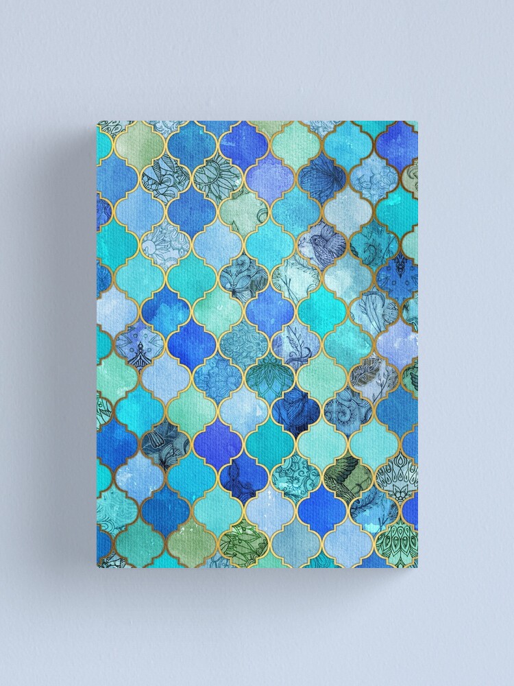 Alternate view of Cobalt Blue, Aqua & Gold Decorative Moroccan Tile Pattern Canvas Print