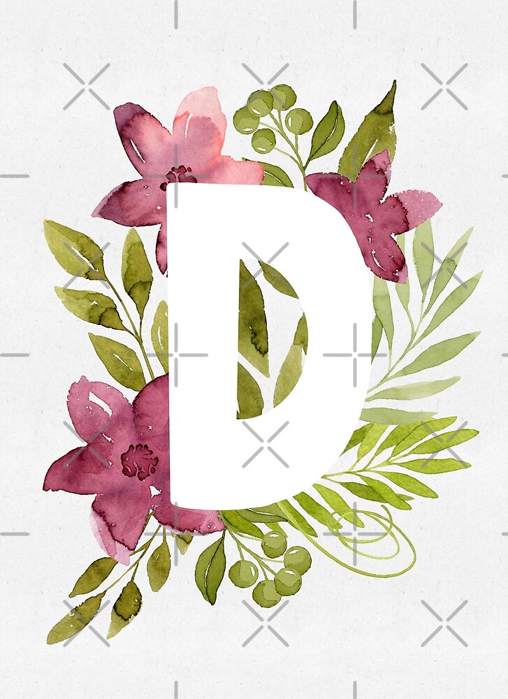 Letter D In Watercolor Flowers And Leaves Floral Monogram By Helga Wigandt Redbubble