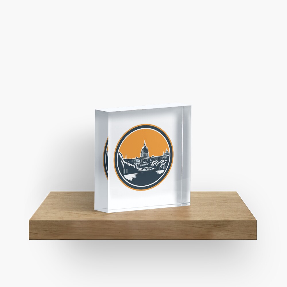 United States Capitol Building Woodcut Retro Acrylic Block