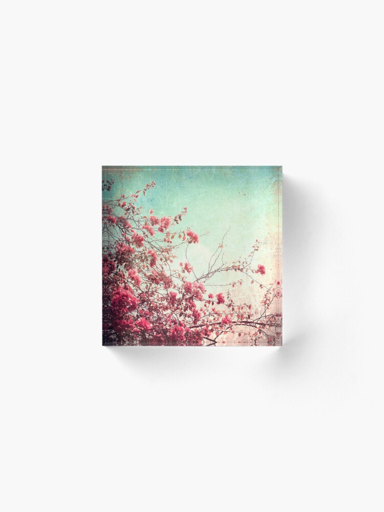 Alternate view of Pink Flowers on a Textured Blue Sky (Vintage Flower Photography) Acrylic Block