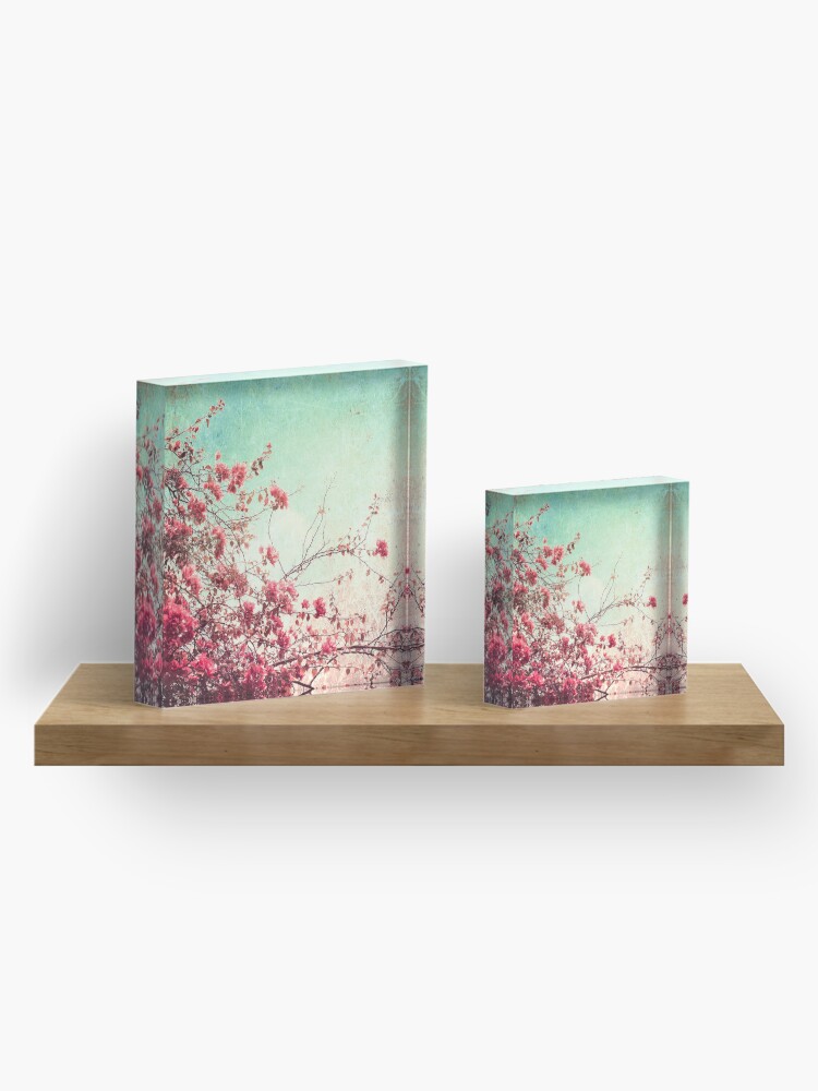 Alternate view of Pink Flowers on a Textured Blue Sky (Vintage Flower Photography) Acrylic Block