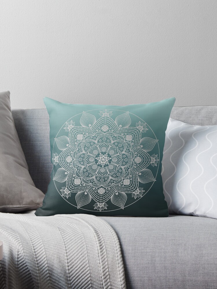 White Lace Mandala Of Flowers And Leaves On Teal Blue Ombre Background Throw Pillow By Karen Mcfarland