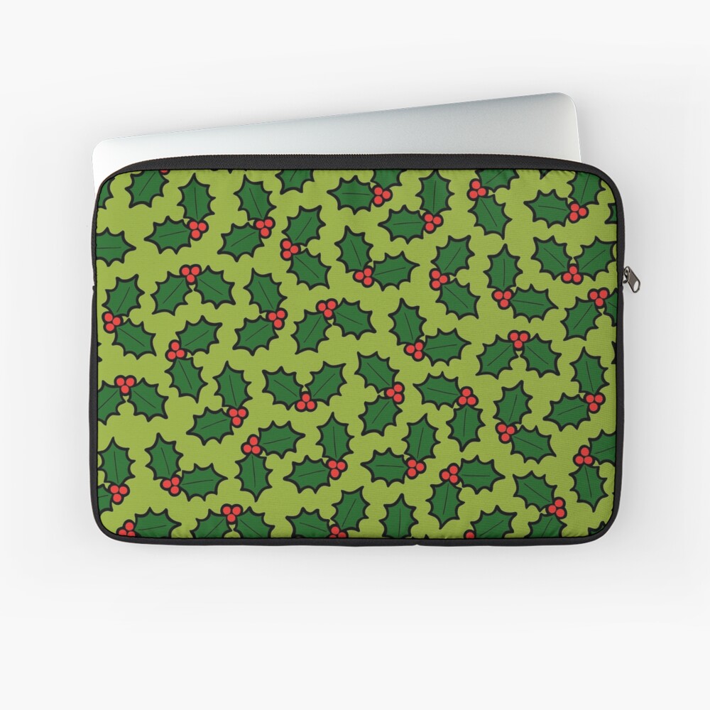 Holly Leaves and Berries Pattern in Light Green Laptop Sleeve