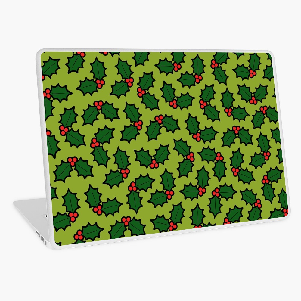 Holly Leaves and Berries Pattern in Light Green Laptop Skin