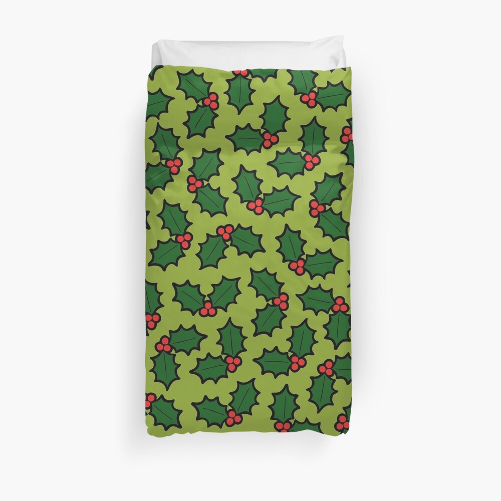 Holly Leaves and Berries Pattern in Light Green Duvet Cover