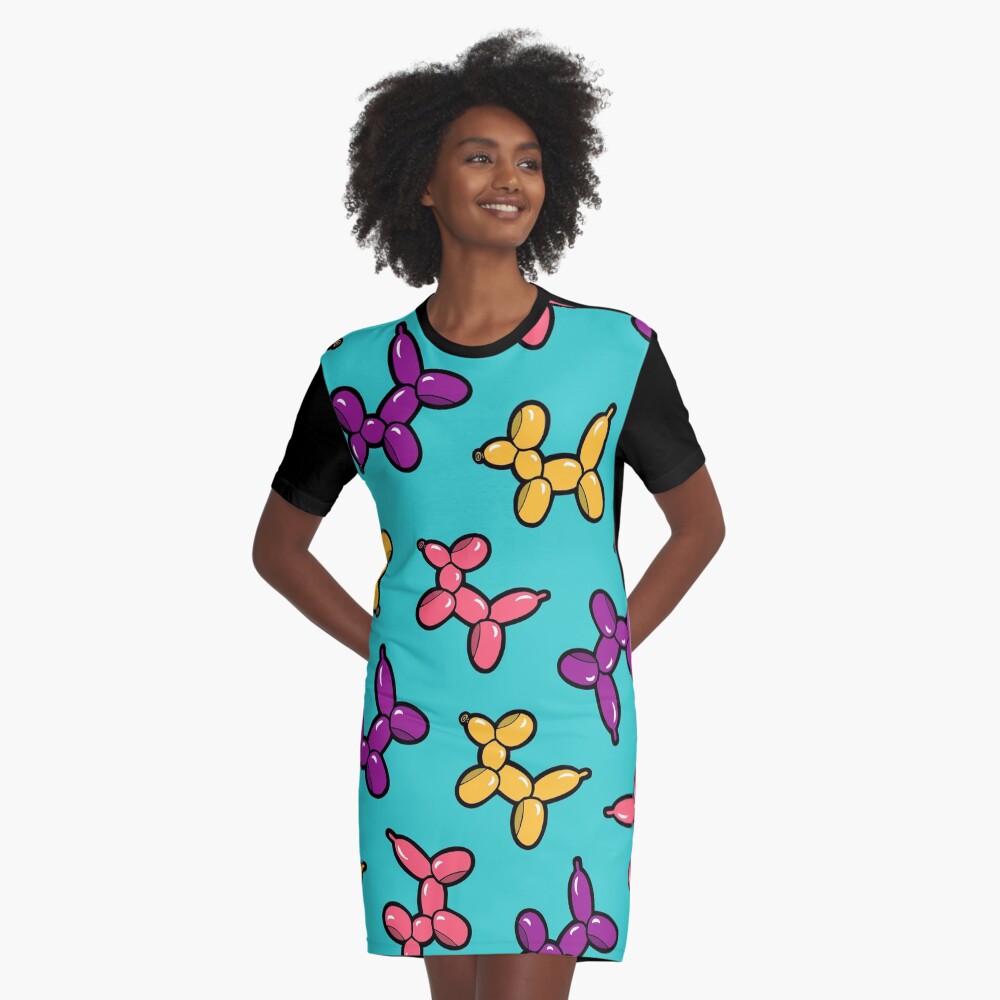 Balloon Animal Dogs Pattern in Blue Graphic T-Shirt Dress