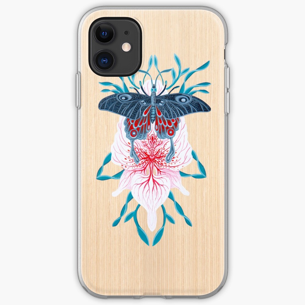 Pintura de tatuaje de orquídea mariposa en madera Funda y vinilo para iPhone