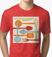 Kitchen Colored Utensil Silhouettes on Cream III Tri-blend T-Shirt