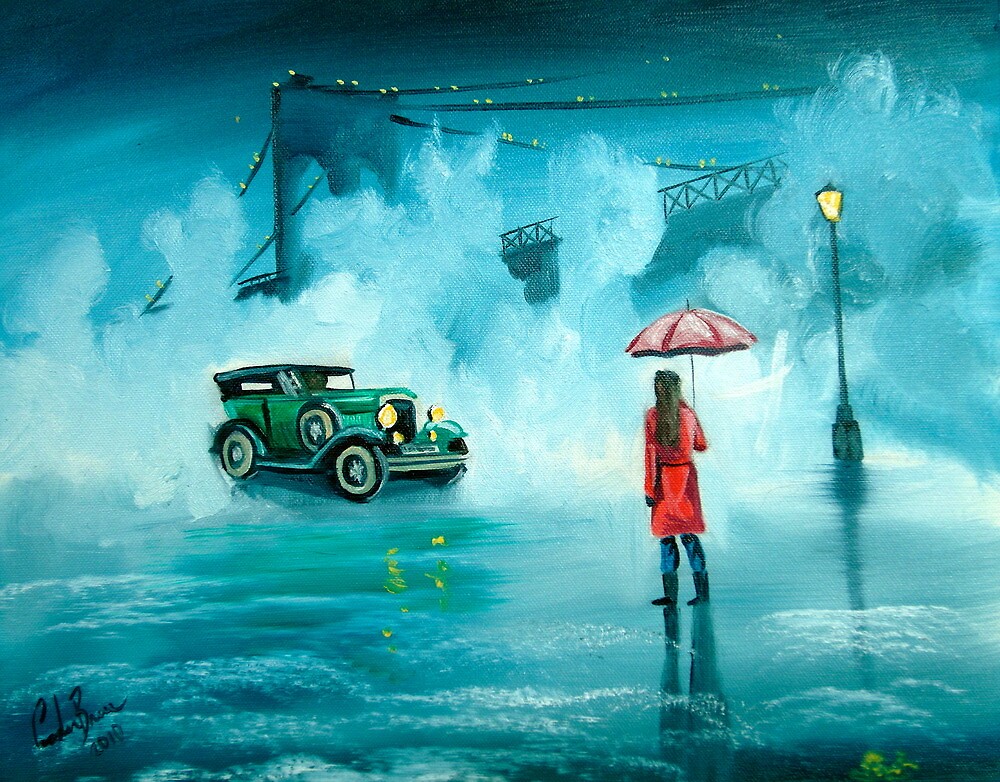 "THE RENDEZVOUS rainy day red umbrella oil painting" by GORDON BRUCE