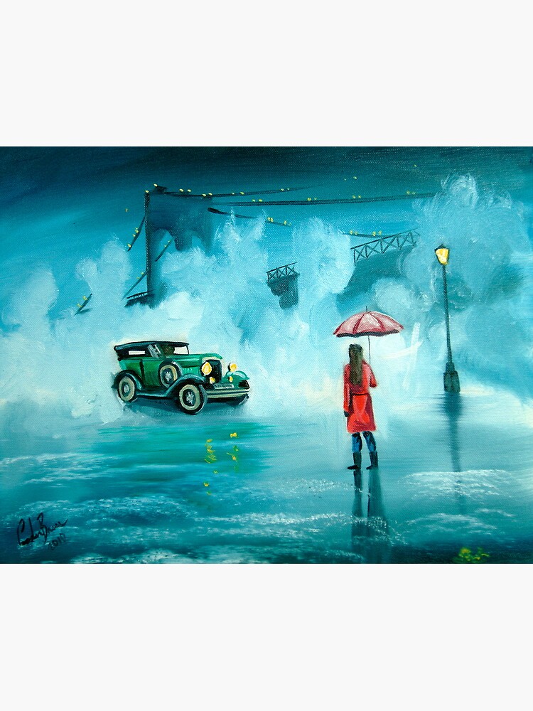 THE RENDEZVOUS rainy day red umbrella oil painting by gordonbruce
