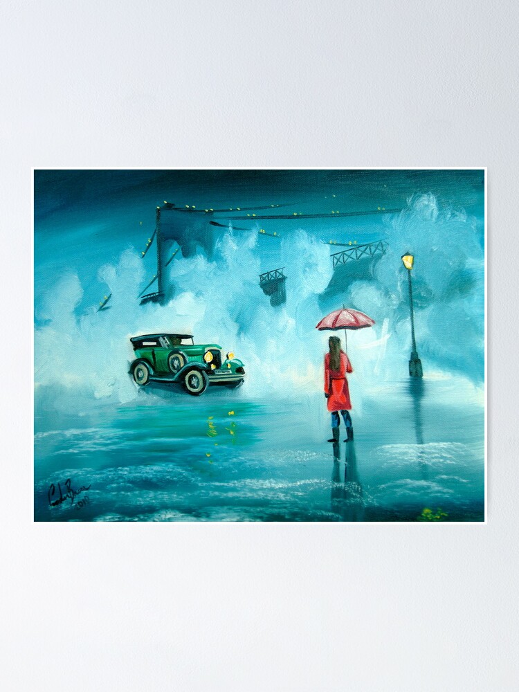 Alternate view of THE RENDEZVOUS rainy day red umbrella oil painting Poster