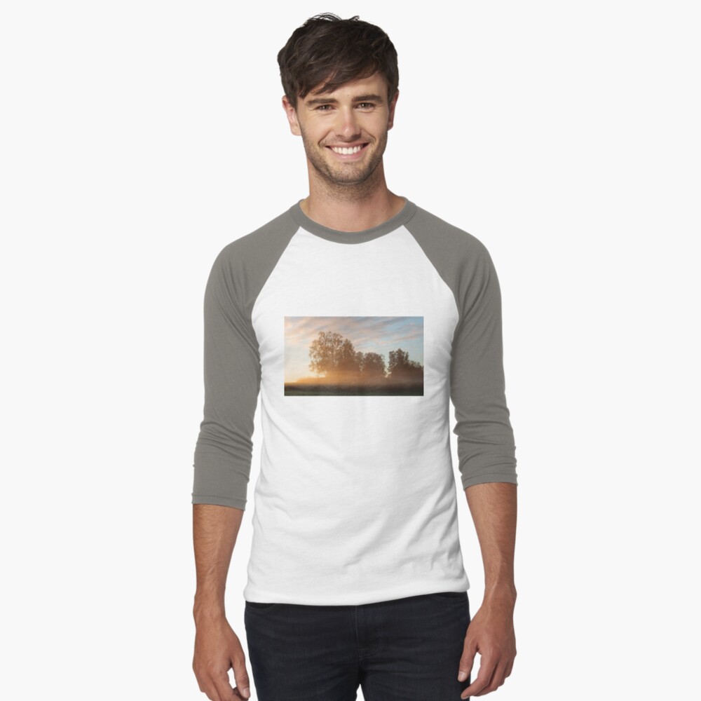 Misty meadow landscape sunrise Baseball ¾ Sleeve T-Shirt