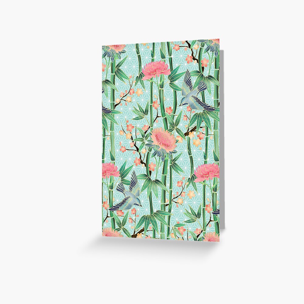 Bamboo, Birds and Blossom - soft blue green Greeting Card