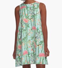 Bambus, Vögel und Blüten - weich blau grün A-Linien Kleid