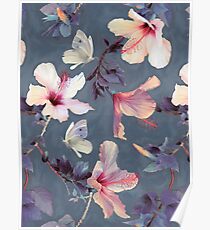 Póster Mariposas y flores de hibisco - un patrón pintado