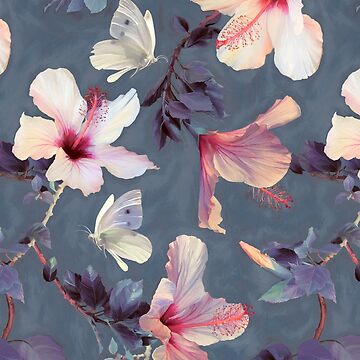 Artwork thumbnail, Butterflies and Hibiscus Flowers - a painted pattern by micklyn