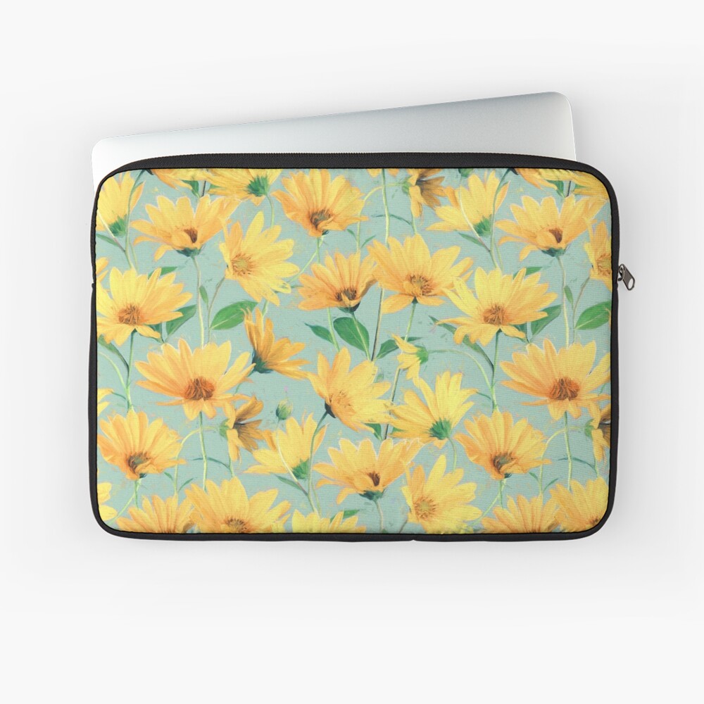 Painted Golden Yellow Daisies on soft sage green Laptop Sleeve