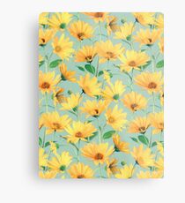 Painted Golden Yellow Daisies on soft sage green Metal Print
