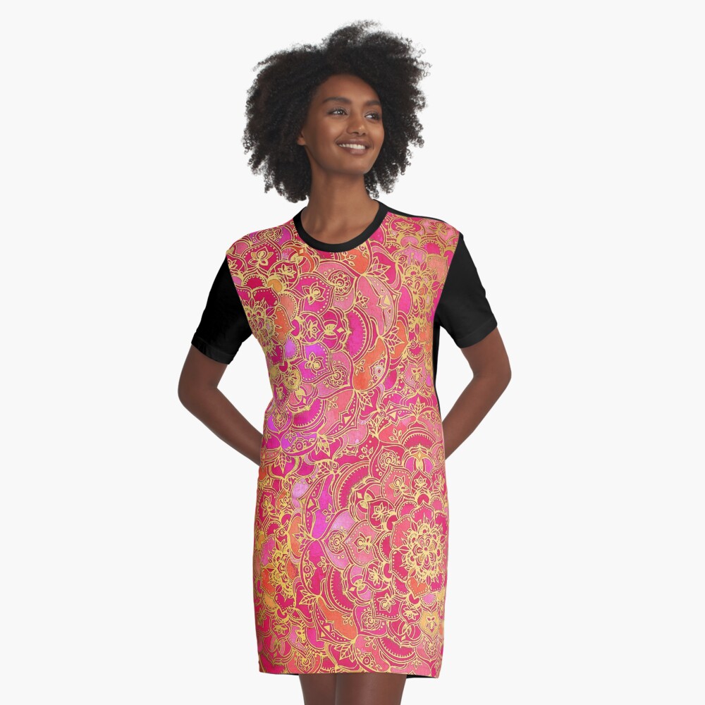 Hot Pink and Gold Baroque Floral Pattern Graphic T-Shirt Dress