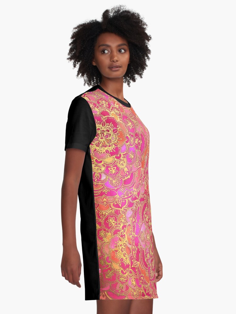 Alternate view of Hot Pink and Gold Baroque Floral Pattern Graphic T-Shirt Dress