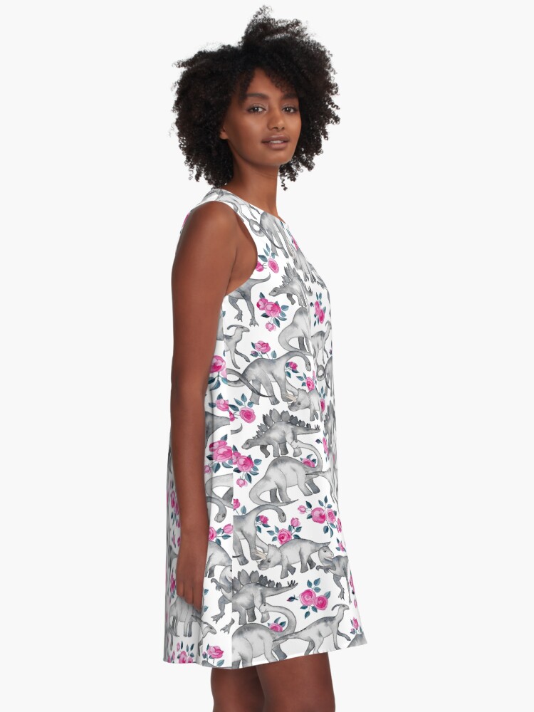 Alternate view of Dinosaurs and Roses – white A-Line Dress