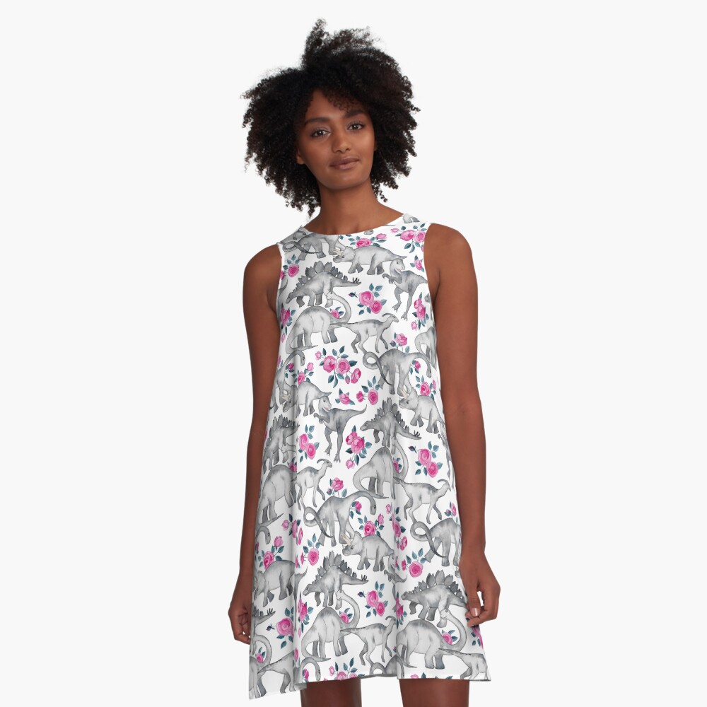 Dinosaurs and Roses – white A-Line Dress