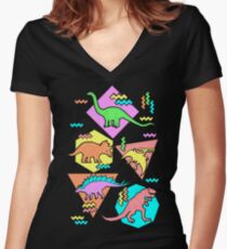 Nineties Dinosaurs Pattern Women's Fitted V-Neck T-Shirt
