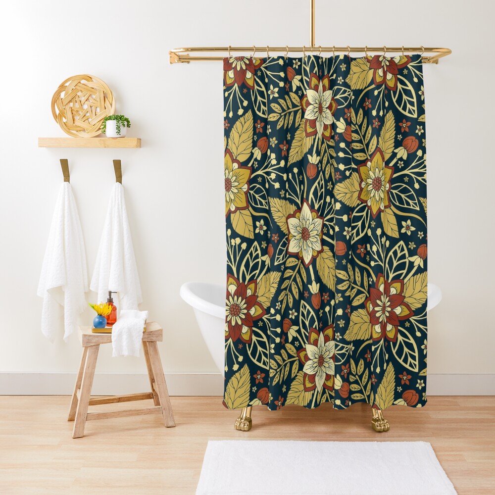 Gold and Navy Blue Floral Shower Curtain