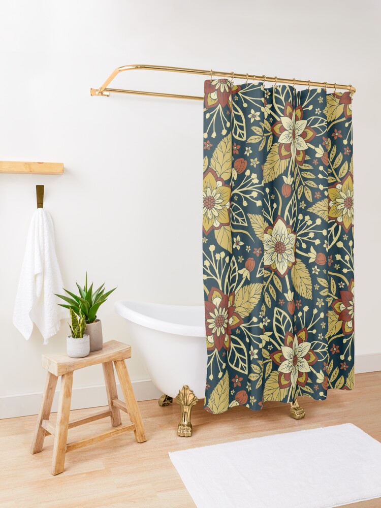 Alternate view of Gold and Navy Blue Floral Shower Curtain