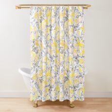 Sunny Yellow Crayon Striped Summer Floral Shower Curtain