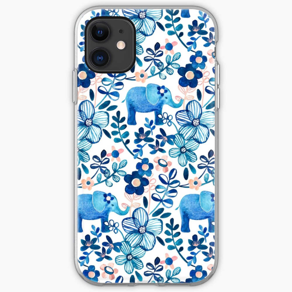 Blush Pink, White and Blue Elephant and Floral Watercolor Pattern iPhone Case & Cover