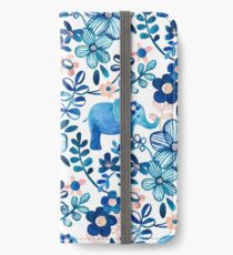 Blush Pink, White and Blue Elephant and Floral Watercolor Pattern iPhone Wallet/Case/Skin