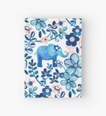 Cuaderno de tapa dura Blush rosa, blanco y azul elefante y patrón floral de la acuarela