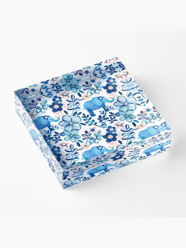 Alternate view of Blush Pink, White and Blue Elephant and Floral Watercolor Pattern Acrylic Block