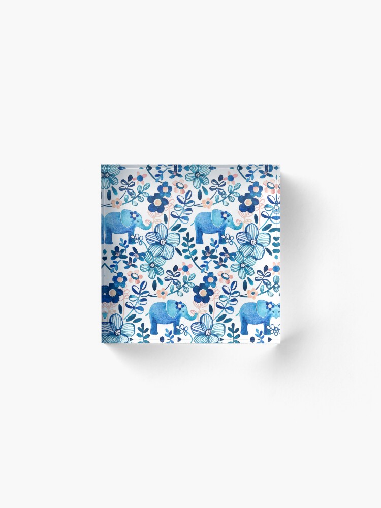 Alternate view of Blush Pink, White and Blue Elephant and Floral Watercolor Pattern Acrylic Block