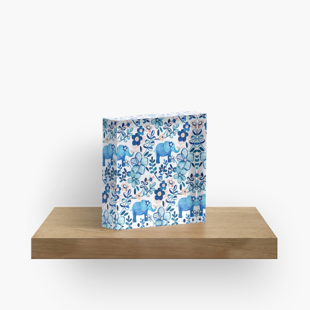 Blush Pink, White and Blue Elephant and Floral Watercolor Pattern Acrylic Block