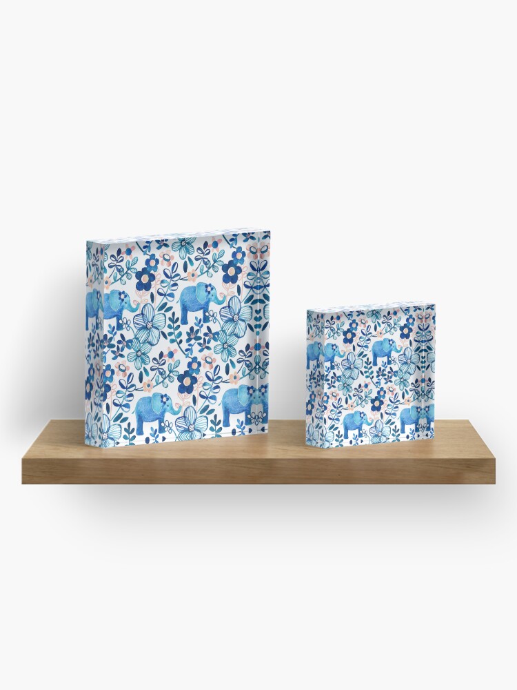 Alternate view of Blush Pink, White and Blue Elephant and Floral Watercolor Pattern Acrylic Block