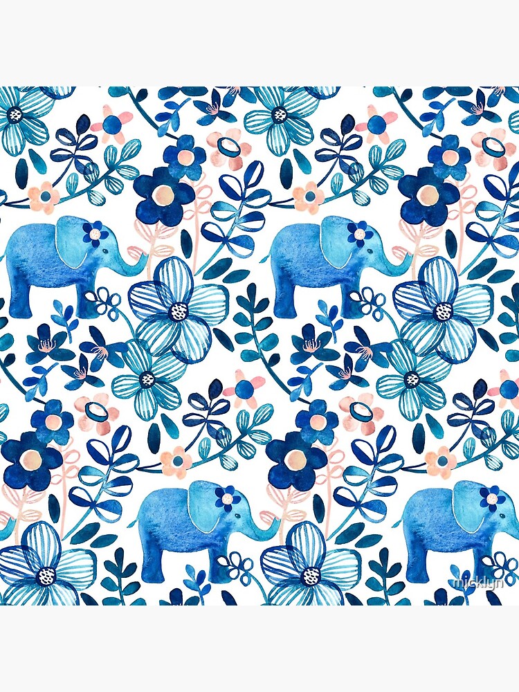 Blush Pink, White and Blue Elephant and Floral Watercolor Pattern by micklyn