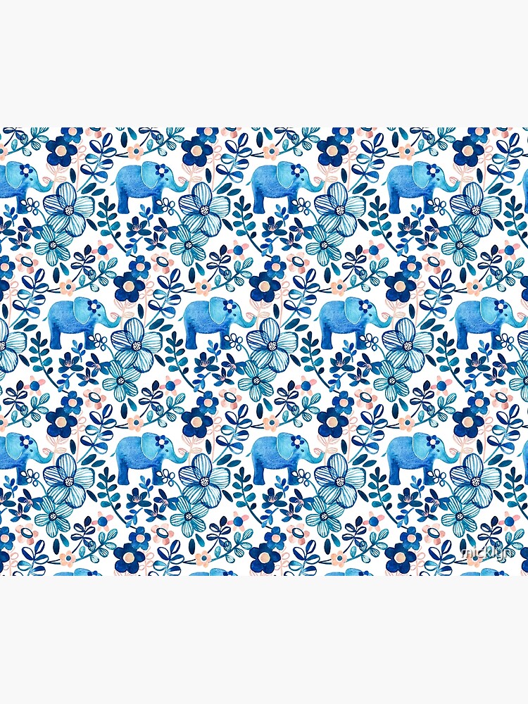 Blush Pink, White and Blue Elephant and Floral Watercolor Pattern by micklyn