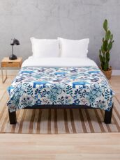 Blush Pink, White and Blue Elephant and Floral Watercolor Pattern Throw Blanket
