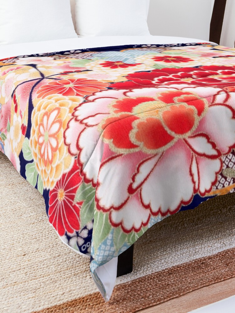 Alternate view of ANTIQUE JAPANESE FLOWERS Pink White Wild Roses Kimono Style Floral Comforter